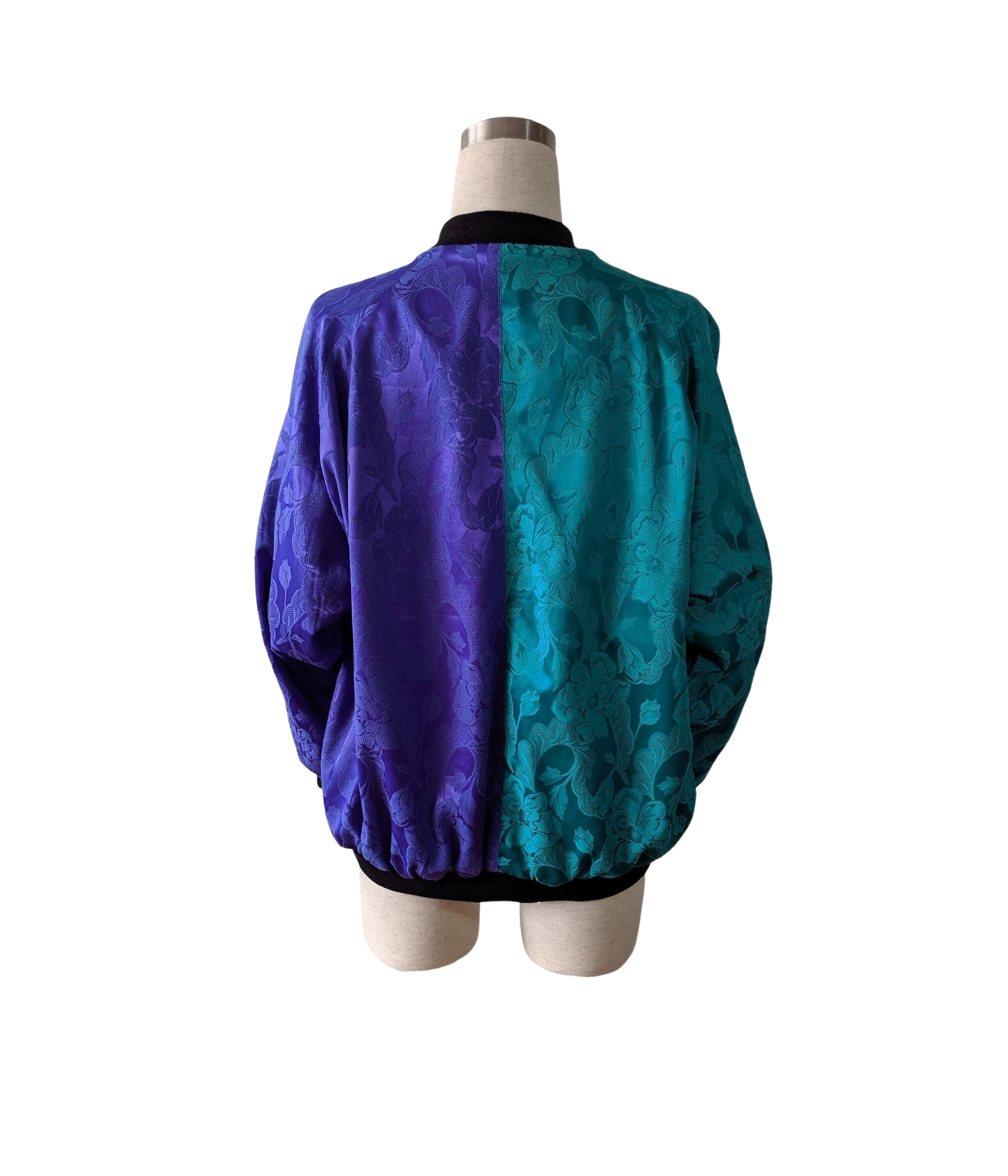 picture of St Jacques teal and purple brocade Bomber Jacket on mannequin back to viewer