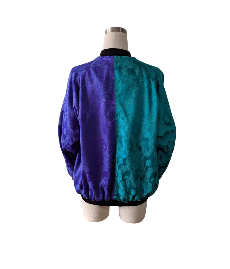 picture of St Jacques teal and purple brocade Bomber Jacket on mannequin back to viewer