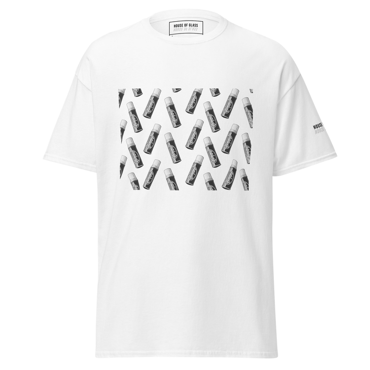 Ghost-style front facing T-shirt mockup of a white short sleeve t-shirt from the House of Glass Pride Collection. The design features a recurring pattern of a black and white ChapStick on the centre front.