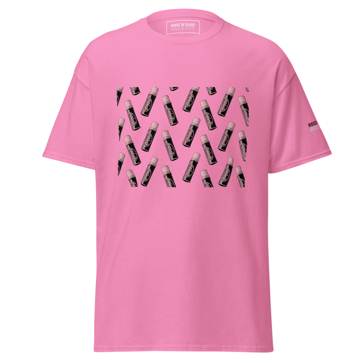 Ghost-style front facing T-shirt mockup of a pink short sleeve t-shirt from the House of Glass Pride Collection. The design features a recurring pattern of a black and white ChapStick on the centre front.