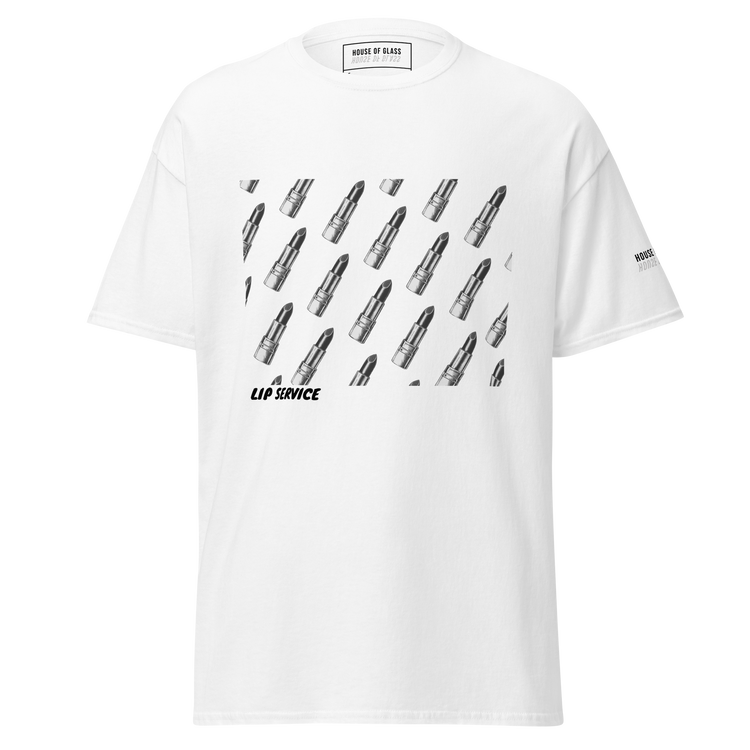 Ghost-style front facing T-shirt mockup of a white short sleeve t-shirt from the House of Glass Pride Collection. The design features a recurring pattern of a black and white lipstick on the centre front.