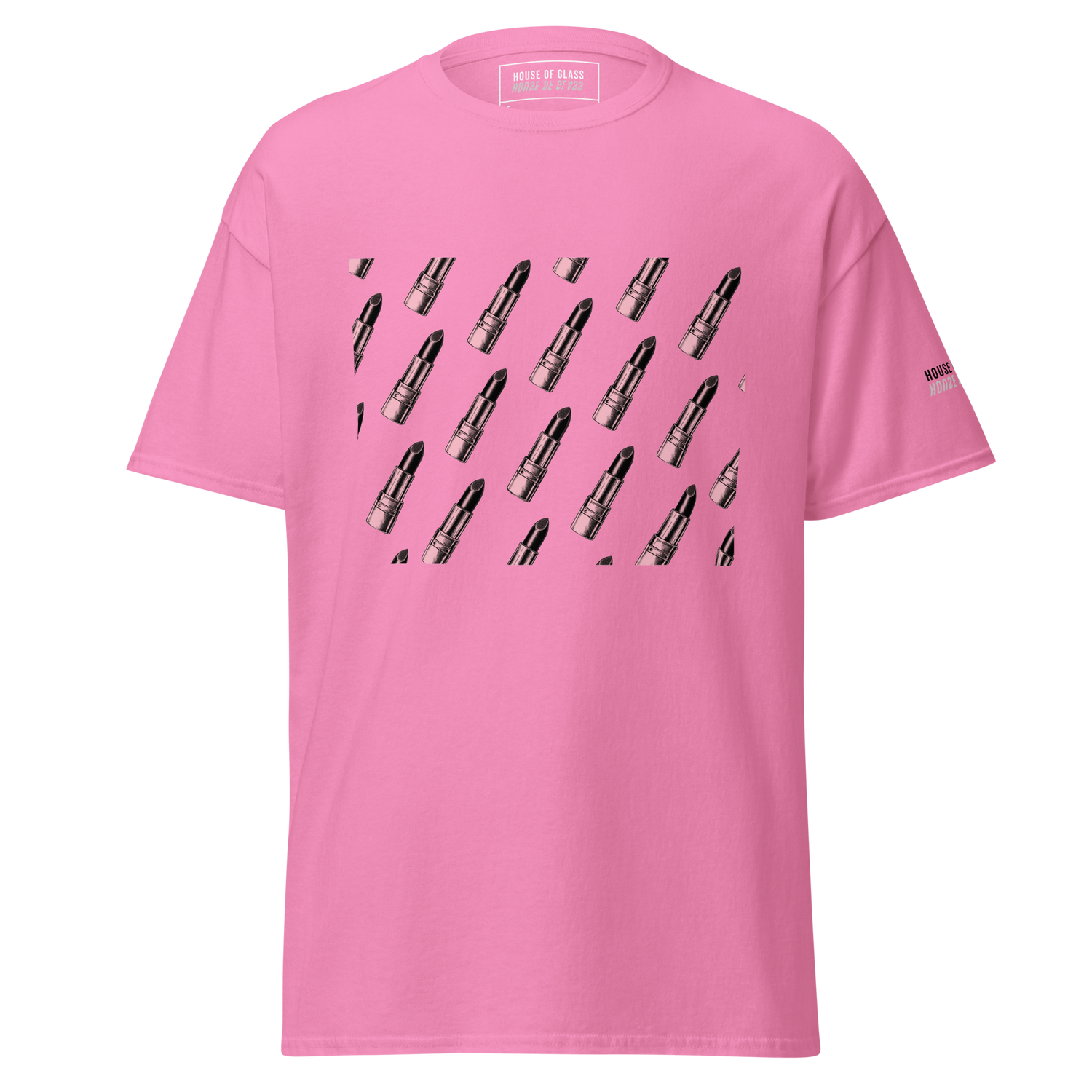Ghost-style front facing T-shirt mockup of a pink short sleeve t-shirt from the House of Glass Pride Collection. The design features a recurring pattern of a black and white lipstick on the centre front.