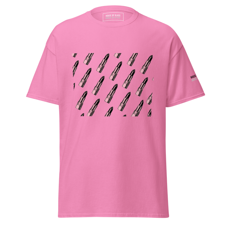Ghost-style front facing T-shirt mockup of a pink short sleeve t-shirt from the House of Glass Pride Collection. The design features a recurring pattern of a black and white lipstick on the centre front.