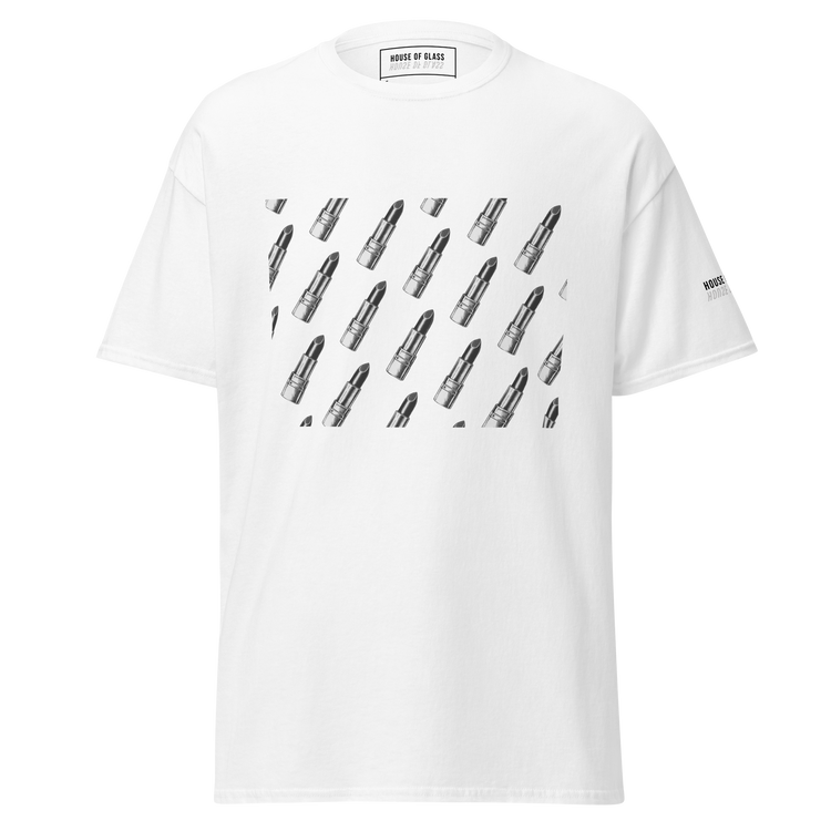 Ghost-style front facing T-shirt mockup of a white short sleeve t-shirt from the House of Glass Pride Collection. The design features a recurring pattern of a black and white lipstick on the centre front.