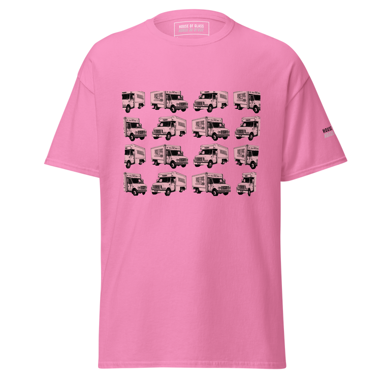Ghost-style front facing T-shirt mockup of a pink short sleeve t-shirt from the House of Glass Pride Collection. The design features a recurring pattern of two black and white U-haul moving trucks on the centre front.