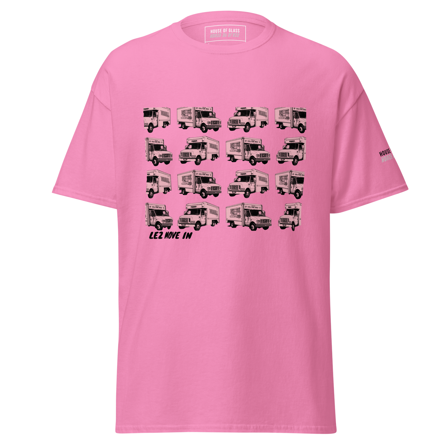 Ghost-style front facing T-shirt mockup of a pink short sleeve t-shirt from the House of Glass Pride Collection. The design features a recurring pattern of two black and white U-haul moving trucks on the centre front.