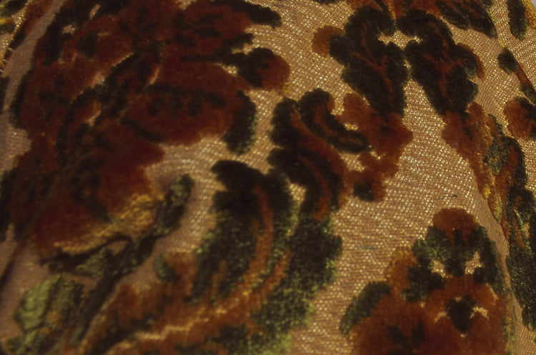 Close up of the velvet brocade design on the House of Glass Carpetbag Bomber Jacket