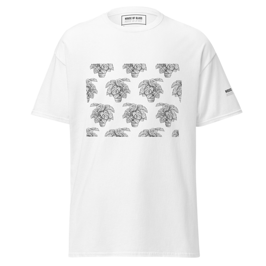 Ghost style front facing T-shirt mockup of a white short sleeve t-shirt from the House of Glass Pride Collection. The design features a recurring pattern of a black and white potted monstera on the centre front.