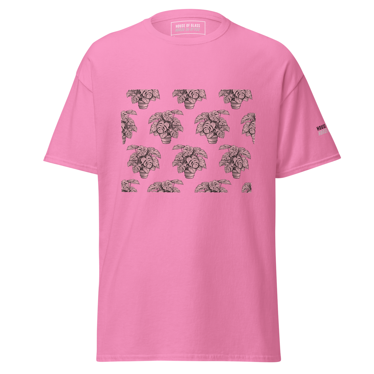 Ghost style front facing T-shirt mockup of a pink short sleeve t-shirt from the House of Glass Pride Collection. The design features a recurring pattern of a black and white potted monstera on the centre front.